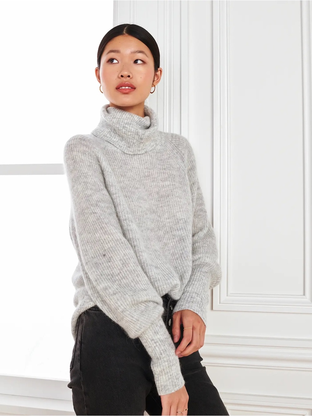 Quince Light Grey Baby Alpaca Wool Turtleneck Cozy Sweater Cowl Ribbed Soft Knit